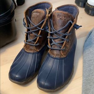 Blue and brown sperry rain boots